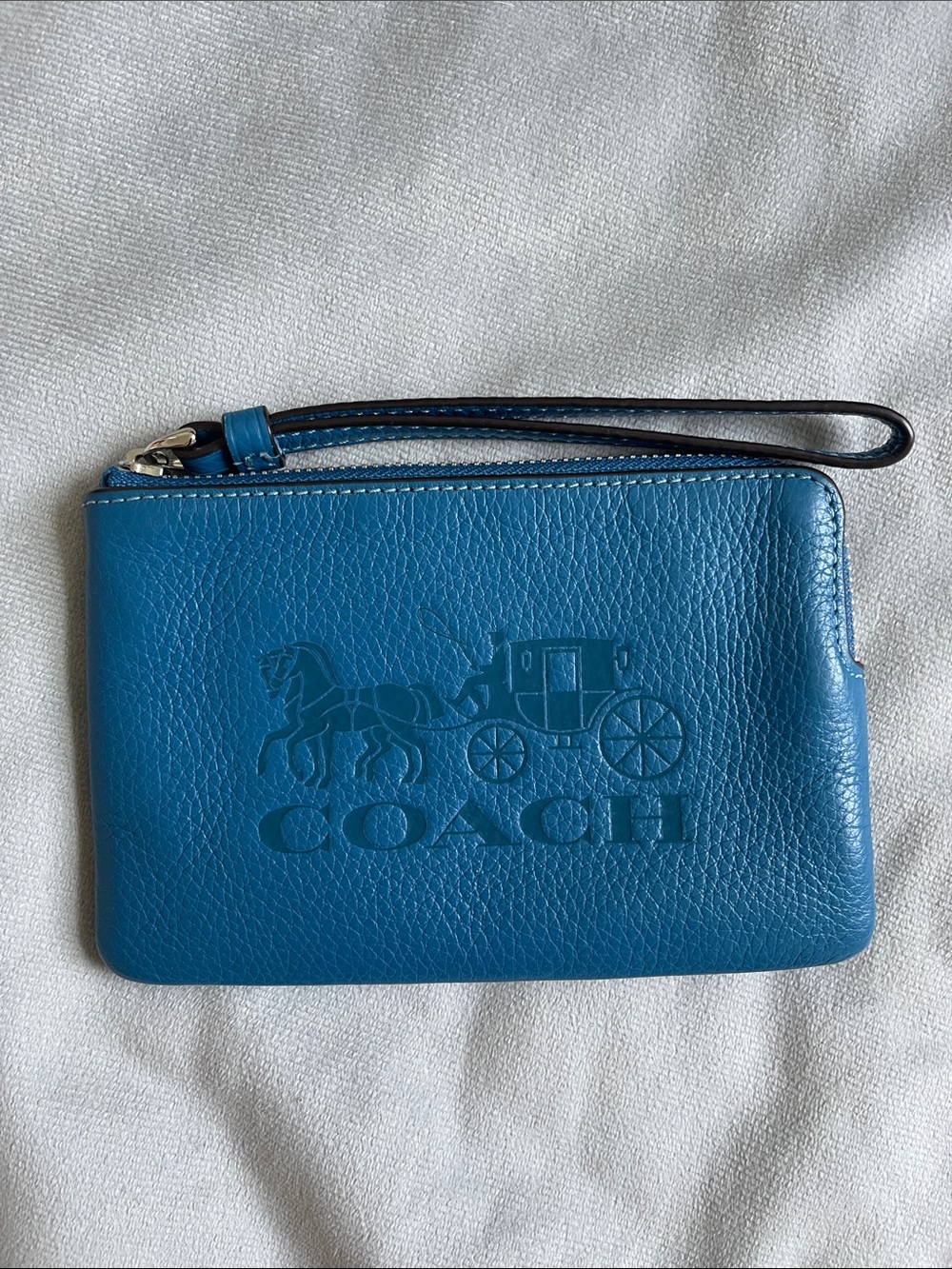 Coach Blue Leather Wristlet with Embossed Carriage Logo